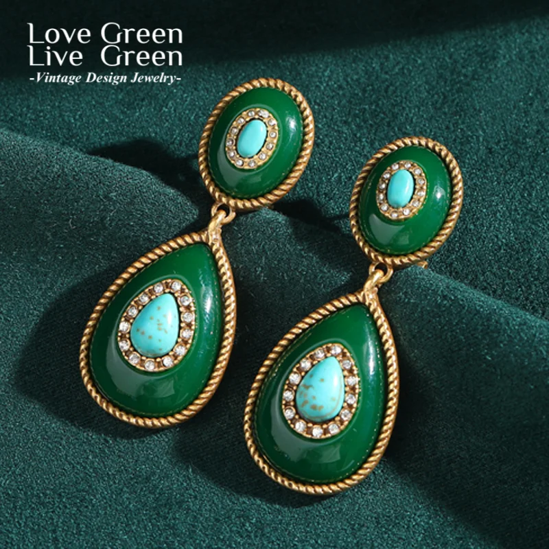 

Vintage Drop Dangle Earring Charm Nature Emerald Green Stone Retro Water Antique Jewelry For Woman Accessories Luxury Designer