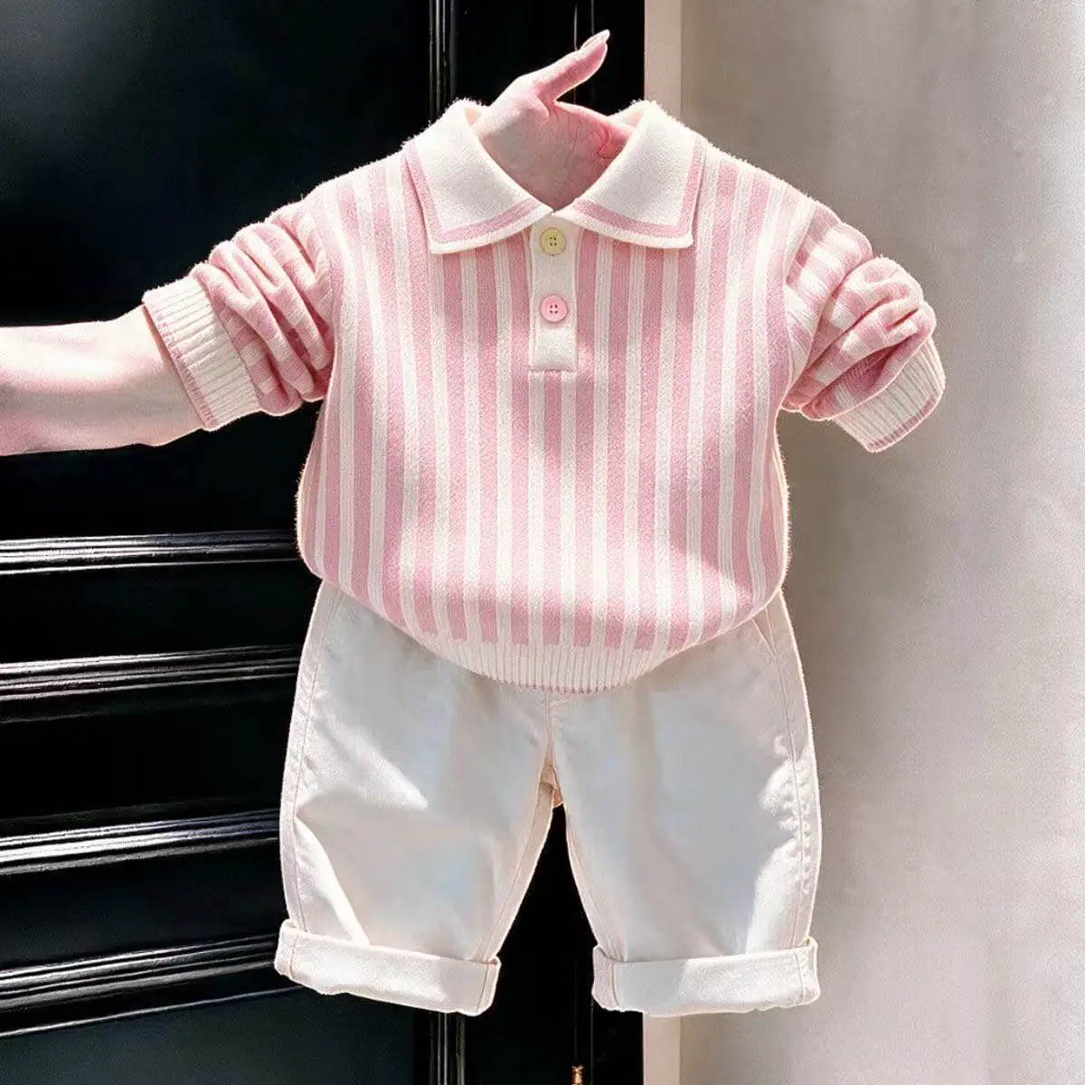 Boys and Girls Spring and Autumn Set New Pink Striped Polo Collar Knitted Sweater Children's White Casual Pants