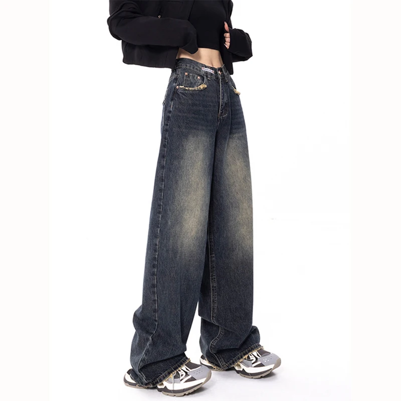 

Retro washed high waist straight loose jeans women's spring and autumn new raw edge wide leg mopping pants ins high street