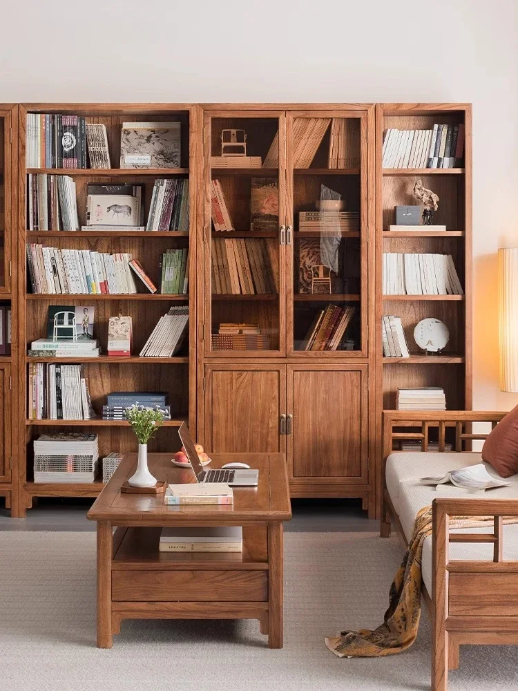 

New Chinese-style solid wood bookcase with door storage integrated whole wall full wall small apartment combination display