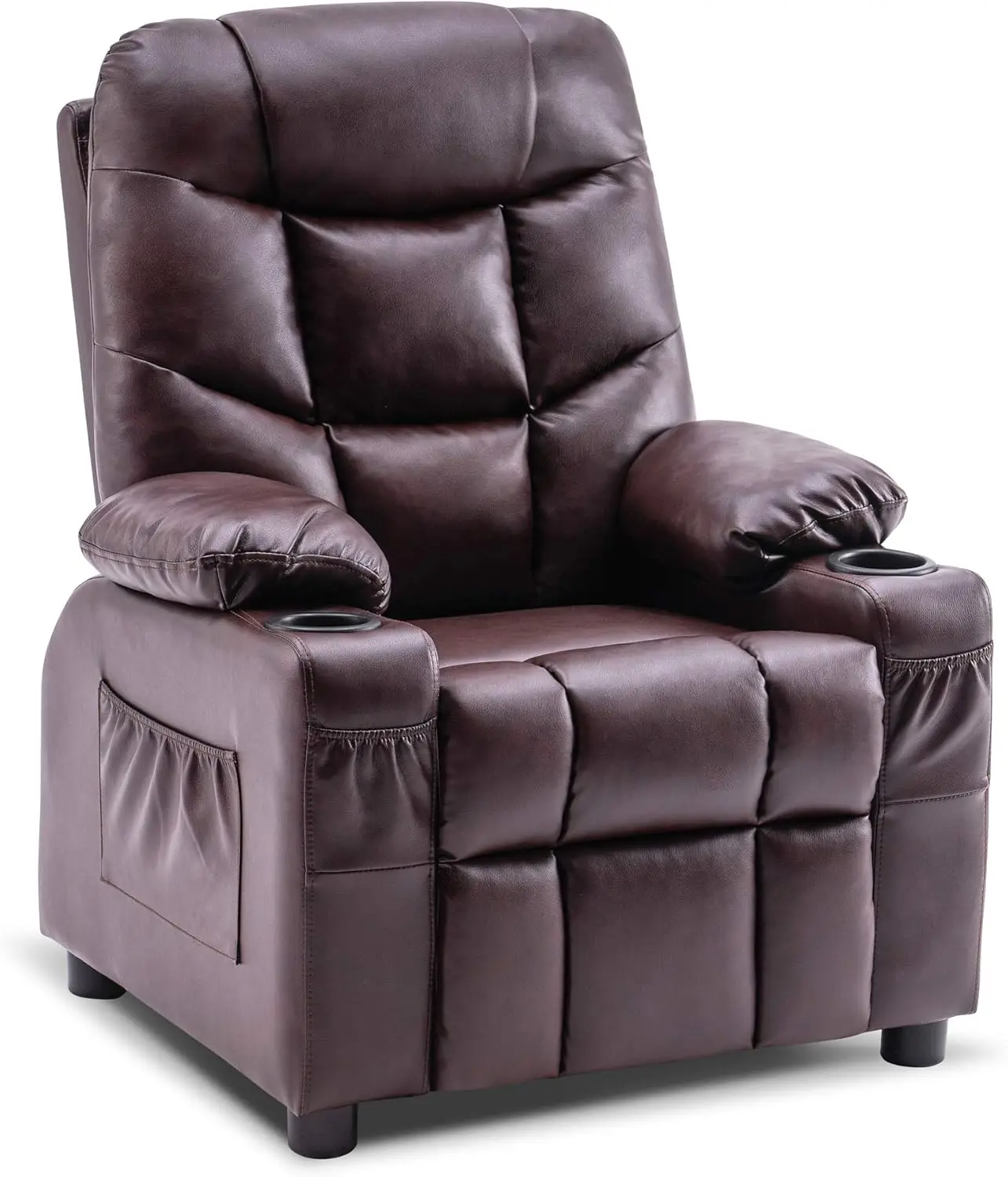 Big Kids Recliner for Ages 3+, Child Recliner Chair, Toddlers Recliner Sofa with Cup Holders, Faux Leather, 7366(Dark Bro