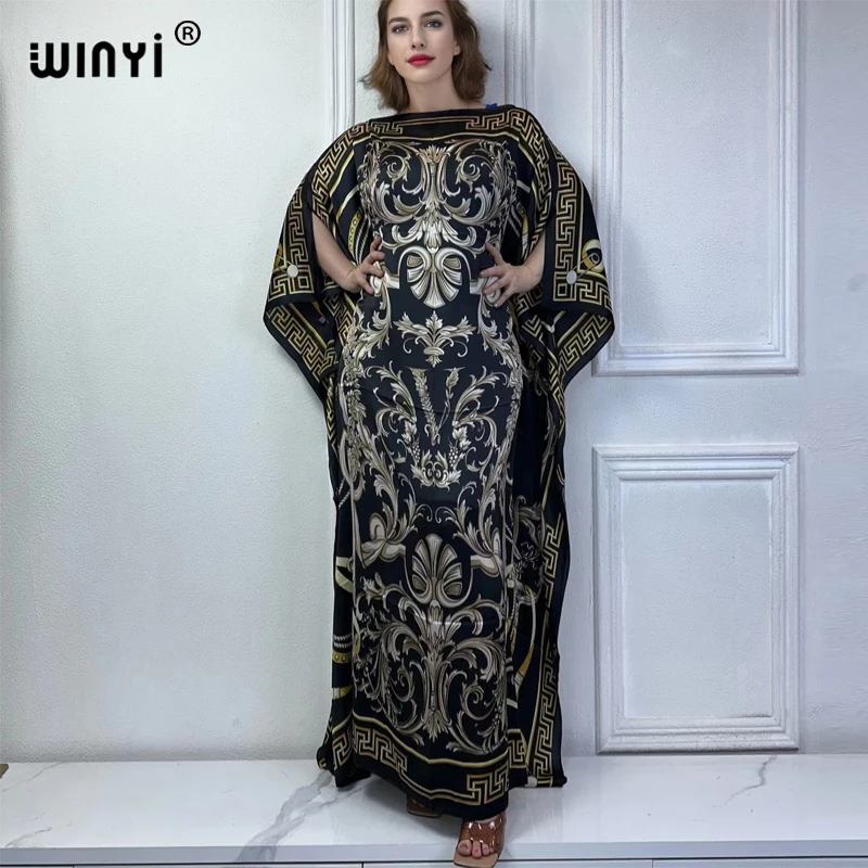 WINYI summer high quality Elegant Fashion evening dress abaya muslim woman dubai Female loose Print kaftan party long dresses