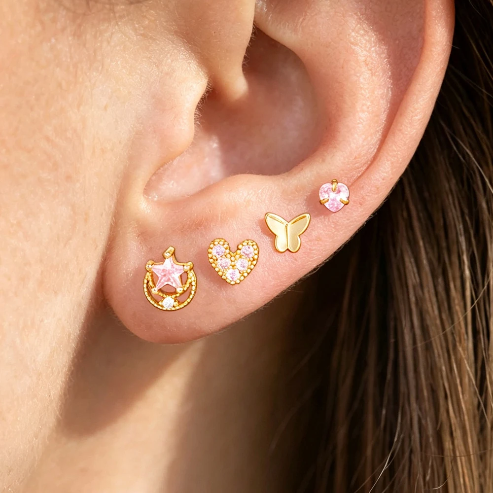 4PCS Stainless Steel Heart-Shaped Ear Stud Sets For Woman Cute Sweet Zircon Star Moon Shape Stud Earring Romantic Jewelry Gift
