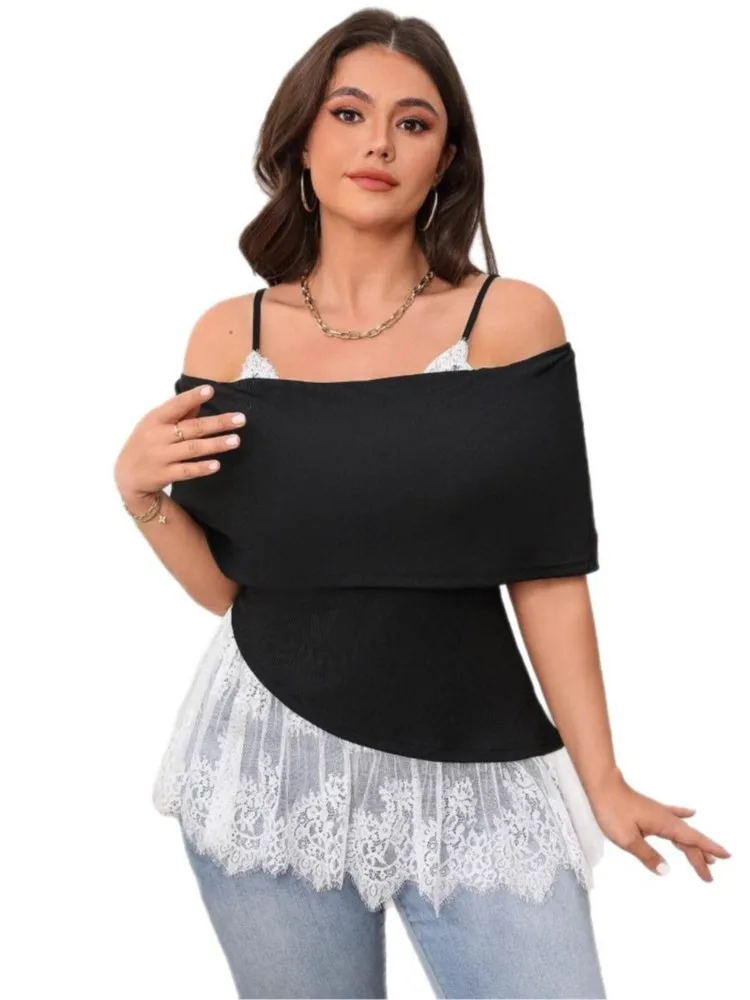 Tops de talla grande con hombros descubiertos para mujer, blusas ajustadas a la moda con retazos de encaje para mujer, Tops sin espalda para mujer