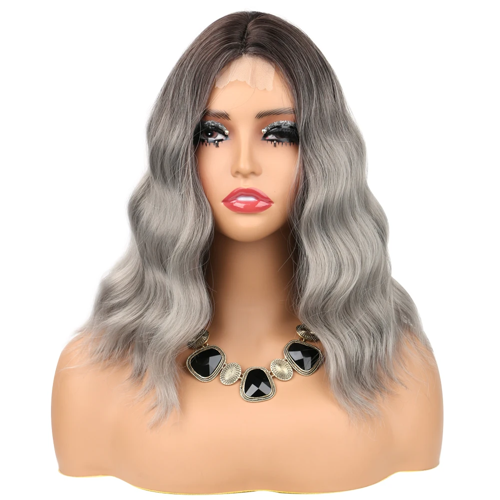 Ombre สีเทาวิกผมสังเคราะห์ผม U ลูกไม้ด้านหน้าสั้น Curly Wavy Wigs สําหรับสุภาพสตรีทุกวันเครื่องแต่งกายคอสเพลย์ปาร์ตี้ทนความร้อน