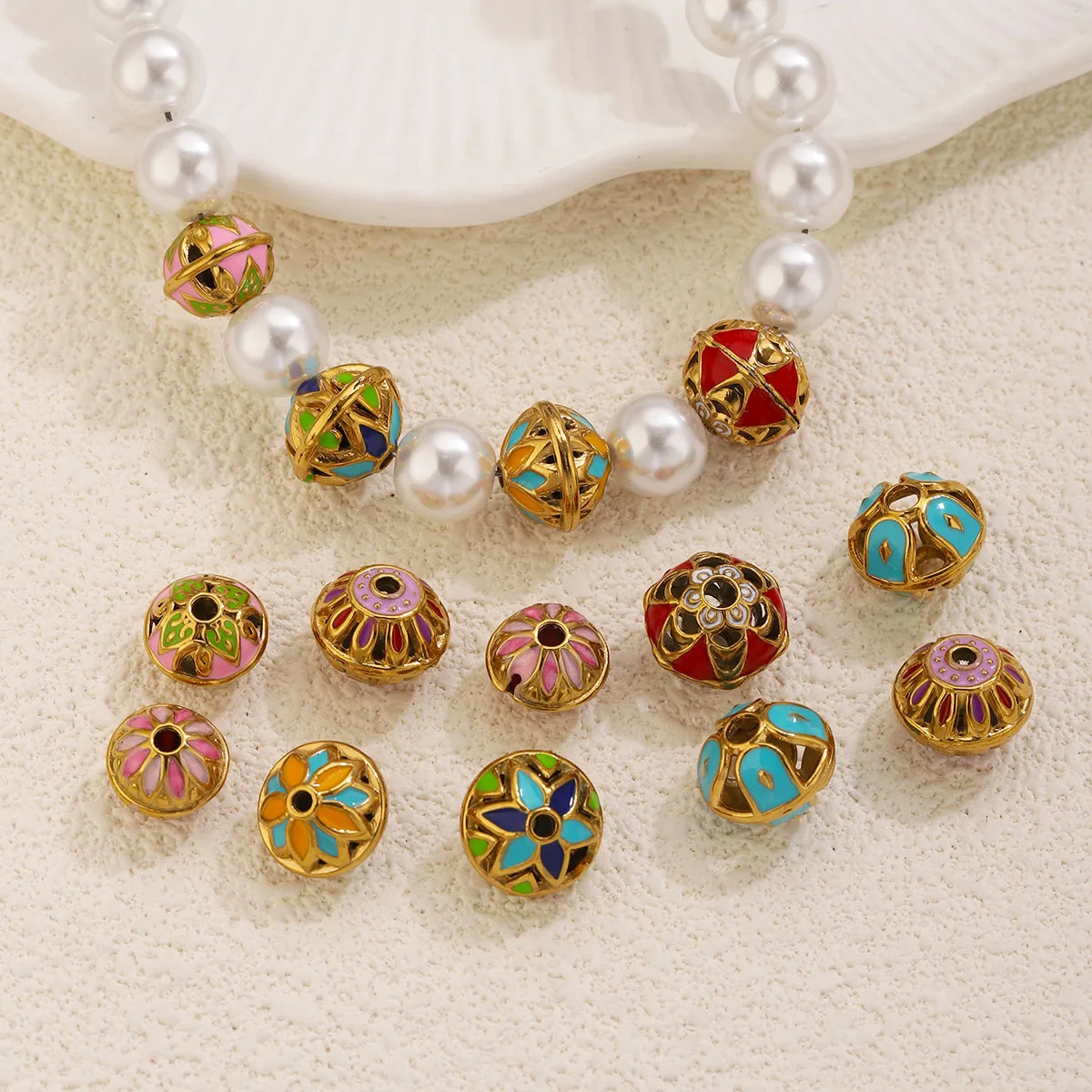 5PCS Stainless Steel Enamel Spacer Beads PVD Gold Mixed Floral Pattern DIY Jewelry Making for Bracelet Necklace Craft Supplies view 2