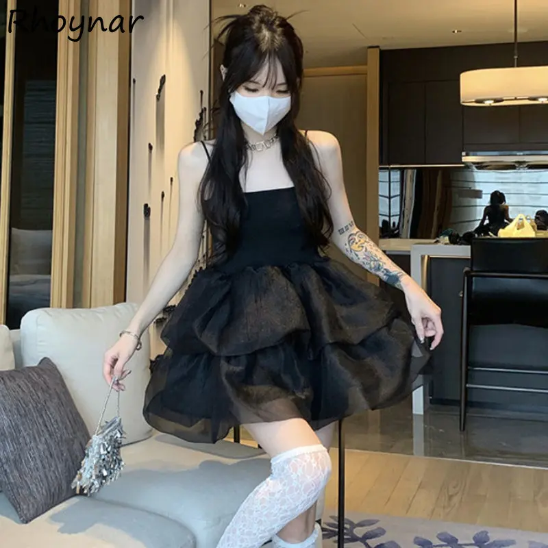 

Black Sexy Dress Women Mini Gauze Hot Girlish A-line Pure Basics Summer High Waist Minimalist Vestidos Korean Teens Fashion Chic