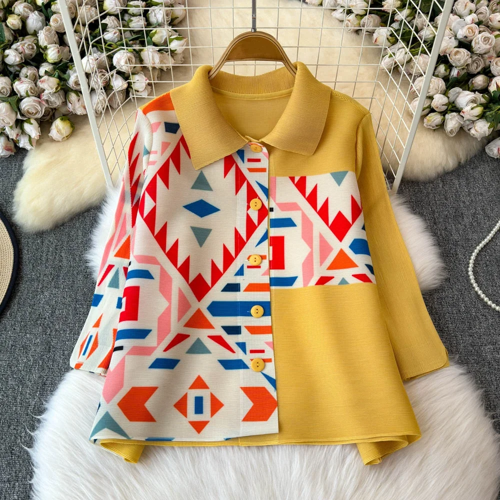 

Clothland женская винтажная свободная блузка с принтом, однобортная рубашка большого размера с длинным рукавом, женские топы в стиле ретро, Mujer LB298