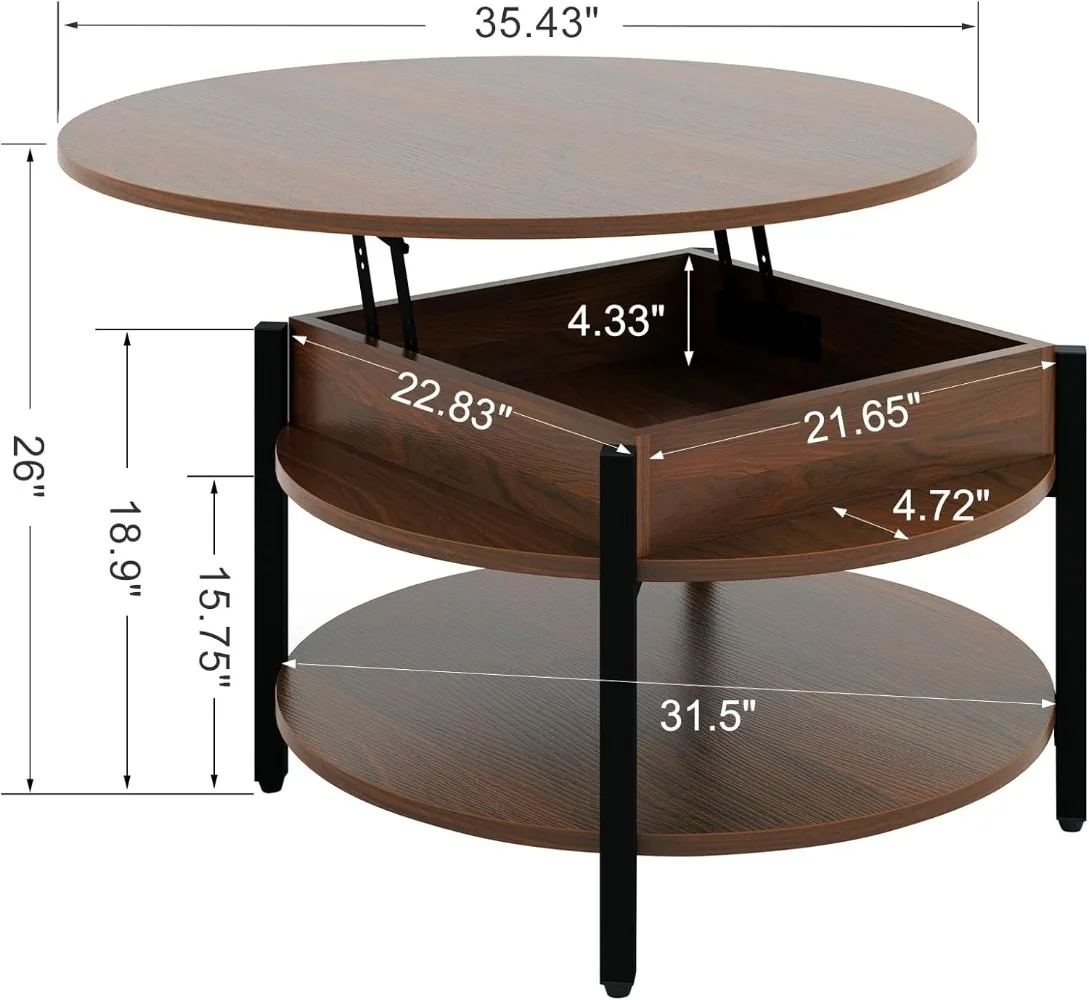 طاولة قهوة مستديرة قابلة للرفع من فاباتو لغرفة المعيشة، طاولة قهوة مستديرة مقاس 35.43 بوصة مع مساحة تخزين وحجرة مخفية