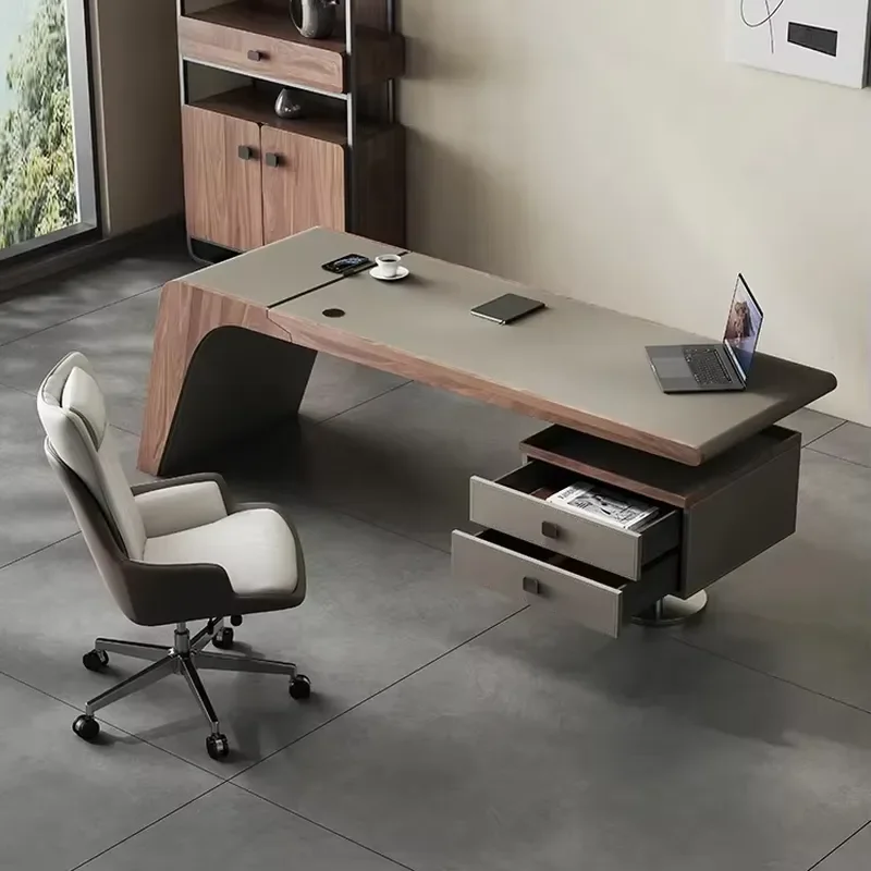 Meeting Table Durable Walnut MDF Saddle Leather Antique Desk High-end Villa Office Commercial Use 2 Drawers Healthy