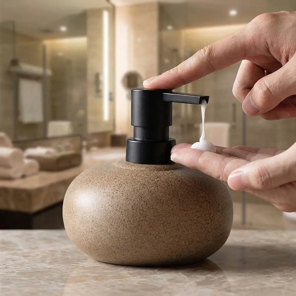 

Hand Soap Stone-Textured Press Bottle Vintage Coarse Pottery Lotion Bottle Nordic Ceramic Dispenser Bathroom