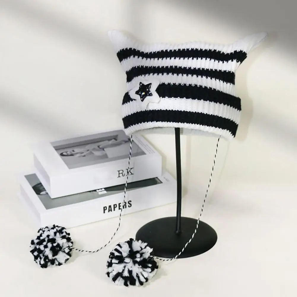 Striped Ladies Hat Cozy Winter Kitty Head Hat with Striped Star Design Fur Ball Decor Elastic Anti-slip Warm Headwear for Ladies