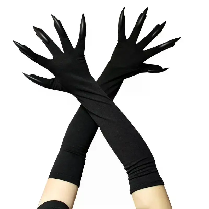 Mitaines élastiques à ongles longs pour femmes, 43cm, griffe effrayante, Halloween, gants à griffes fantôme du diable noir, Costume de spectacle de Cosplay de fête