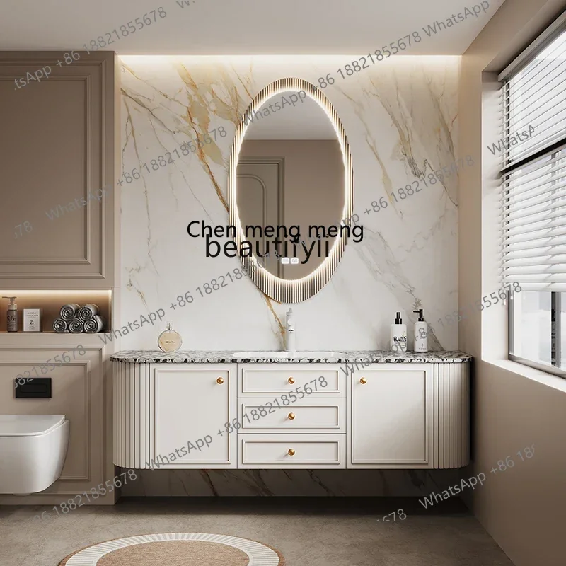 French cream style bathroom cabinet combination double basin luxury stone light luxury integrated washing table face wash bas