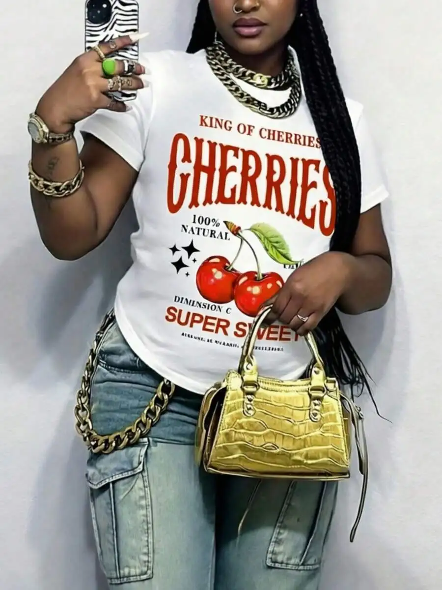 

Plus Size Women Cherry Graphic Tee Short Sleeve Casual Slim Fit T-Shirt