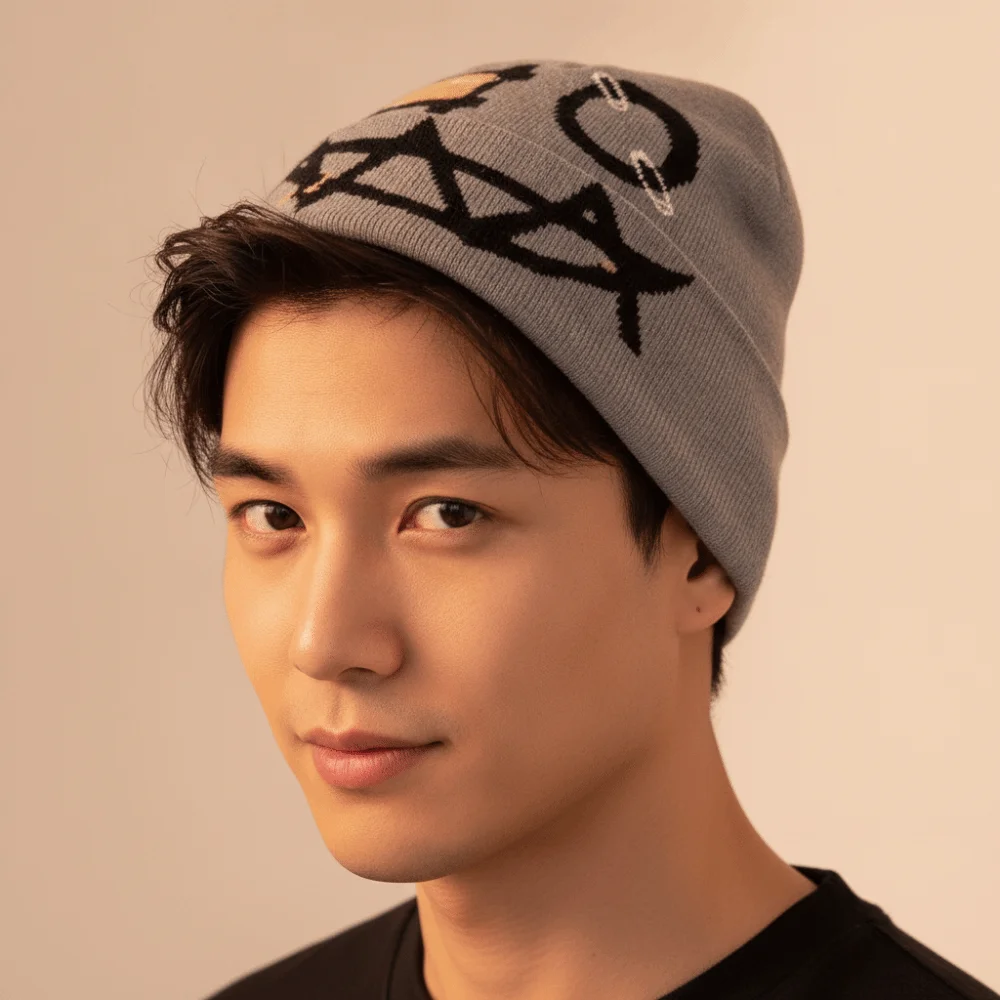 Printed Pattern Printed Pin Beanie High Elasticity Winter Warmth Demon Face Hat Acrylic Yarn Flat Design Ghost Mask Cap