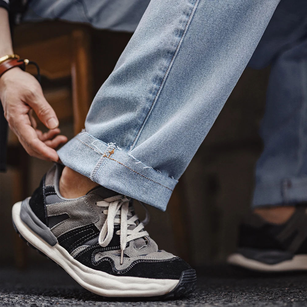 Maden Gewassen Lichtblauwe Denim Jeans Katoenen Rauwe Rand Rechte, Effen Casual Broek Voor Heren Met Ritssluiting Toegangscontrole Ontwerp