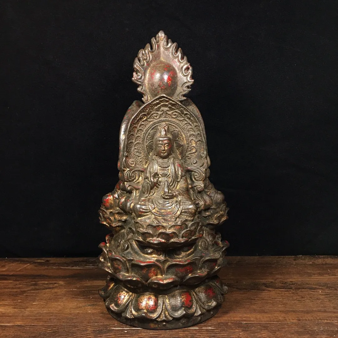 Tibetan Old Bronze Buddha, Clay, Gold, Vermilion Sand, Three Faced Avalokitesvara Bodhisattva Statue Decoration, Home Buddha Hal