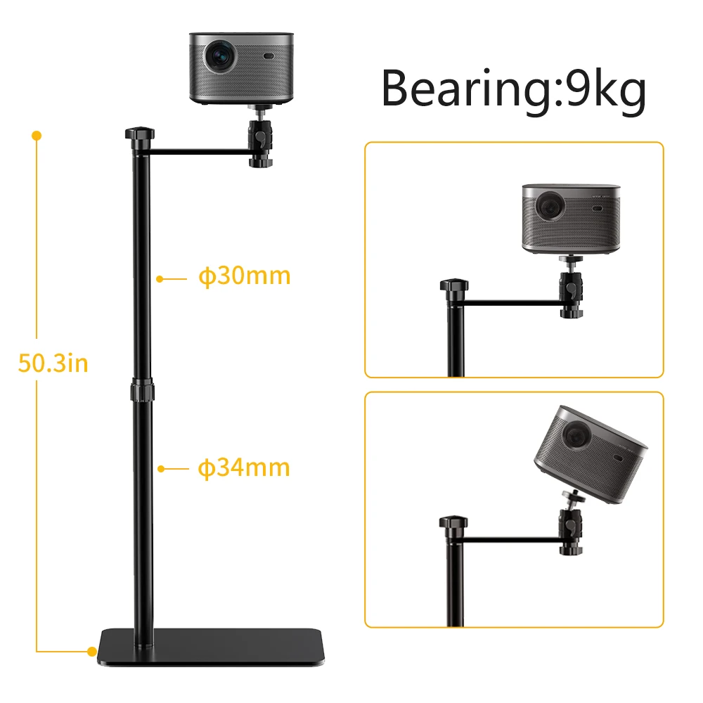 128cm/50Inch Floor Projector Support Stand Metal Holder Multi-angle Adjustable 360 PTZ Rotating Projector Bracket for Film Video 