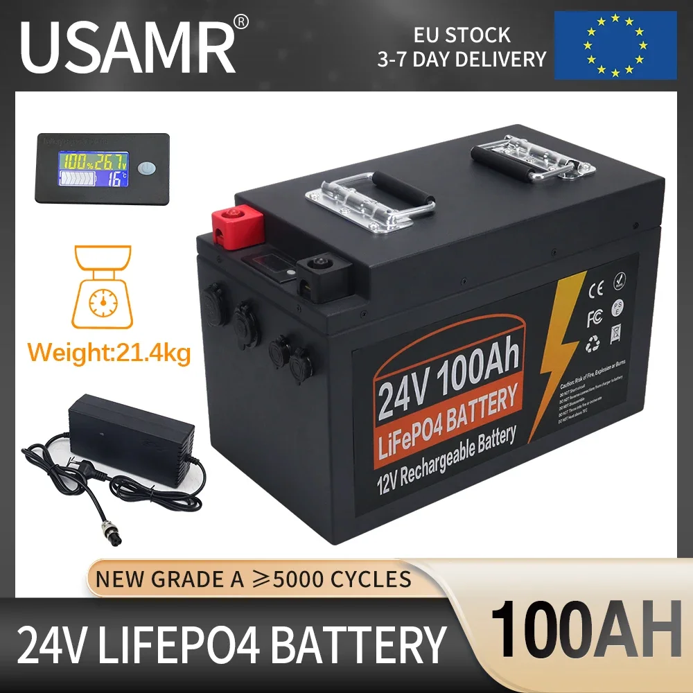 24V Lifepo4 Battery 100Ah Built-in BMS Lithium Iron Phosphate Rechargeable Cell For Outdoor Camping Golf Cart Solar With Charger