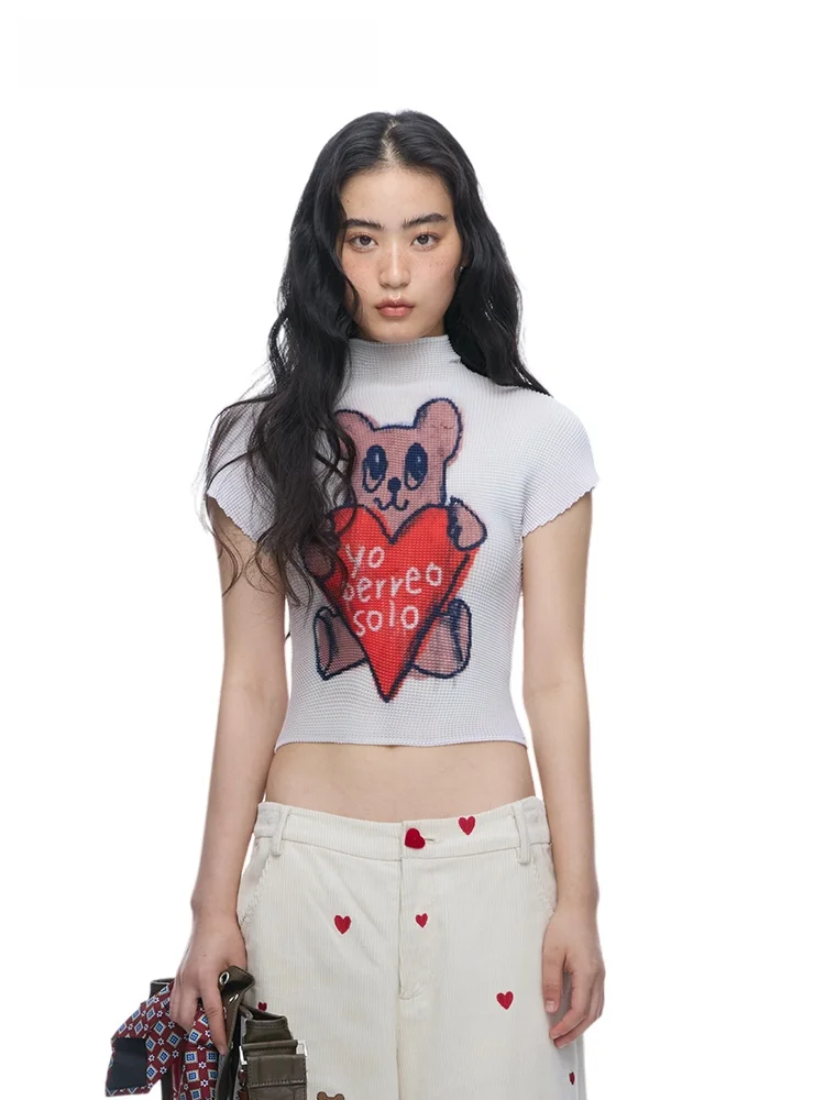 

Original Artist MOF Girl Icreamcolour Heart Bear Pleated Short Sleeve T-Shirt Sexy High Collar Polyester Summer Fashion Ladie...