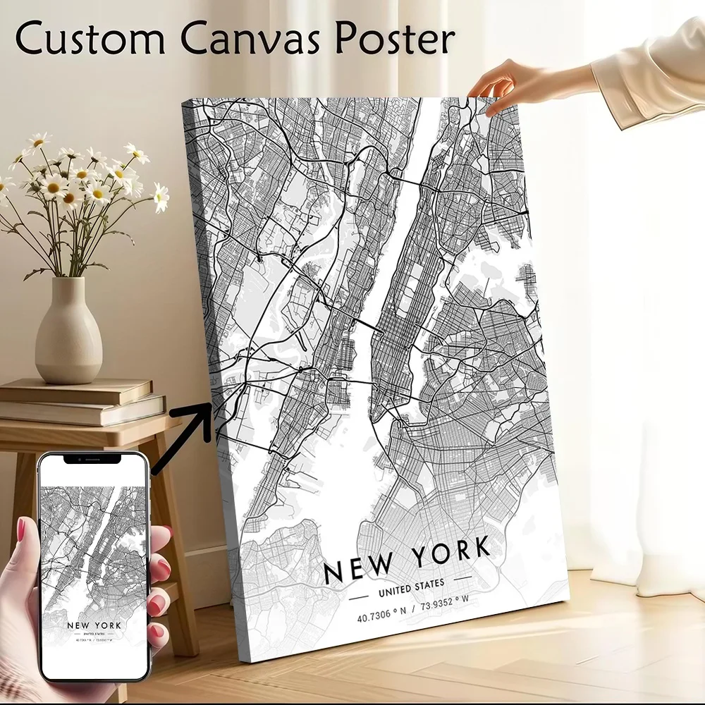 New York City Map White Canvas Wall Art Poster Custom Photo Print Modern Painting for Fans Wand Deko Decor Room Bedroom Mural