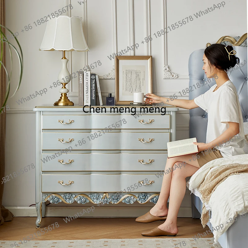 

French carved chest cabinet simple bedroom cabinet living room solid wood storage French carved light luxury storage cabinet