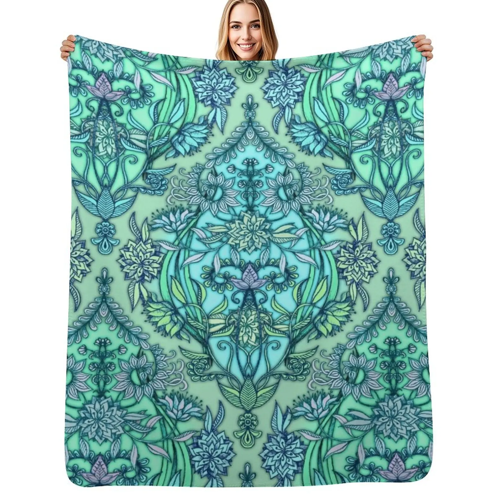 Botanical Moroccan Doodle Pattern in Mint Green, Lilac & Aqua Throw Blanket Loose Decorative Beds Quilt Luxury Throw Blankets