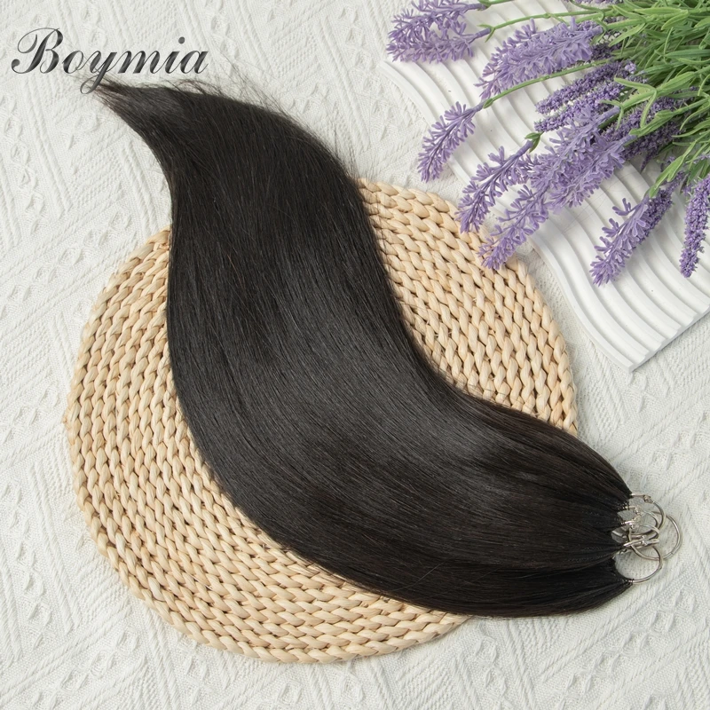 Boymia 마이크로 깃털 인간의 머리카락 확장 16 "-24 보이지 않는 면 스트링 뜨개질 확장 스트레이트 천연 인간의 머리카락