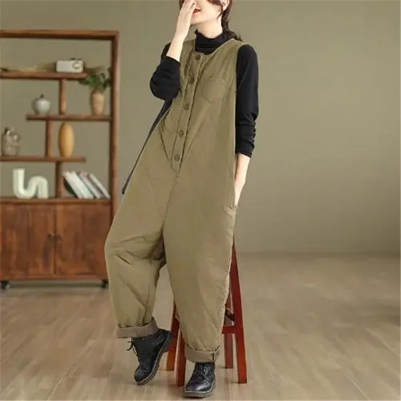 Streetwear Solid Color Rhombus Cotton Jumpsuit Women's Autumn And Winter Warm Keep Warm And Thickened Harem Pants Loose Overalls