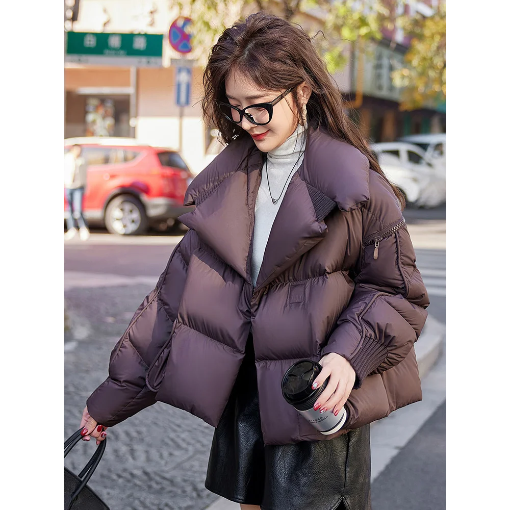 2024 New Women\'s Down Jacket Solid Color Fashion Large Lapel Short White Duck Down Thicken Warm  Loose Casual Jackets Female