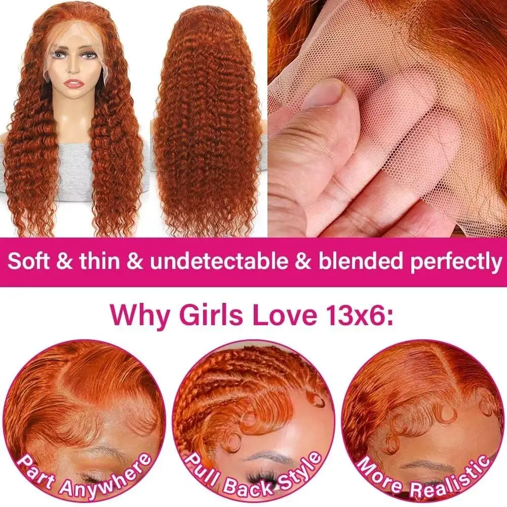 350 gengibre onda profunda 13x6 hd peruca dianteira do laço cabelo humano 40 30 Polegada laranja gengibre colorido encaracolado perucas preplucked onda de água 13x4