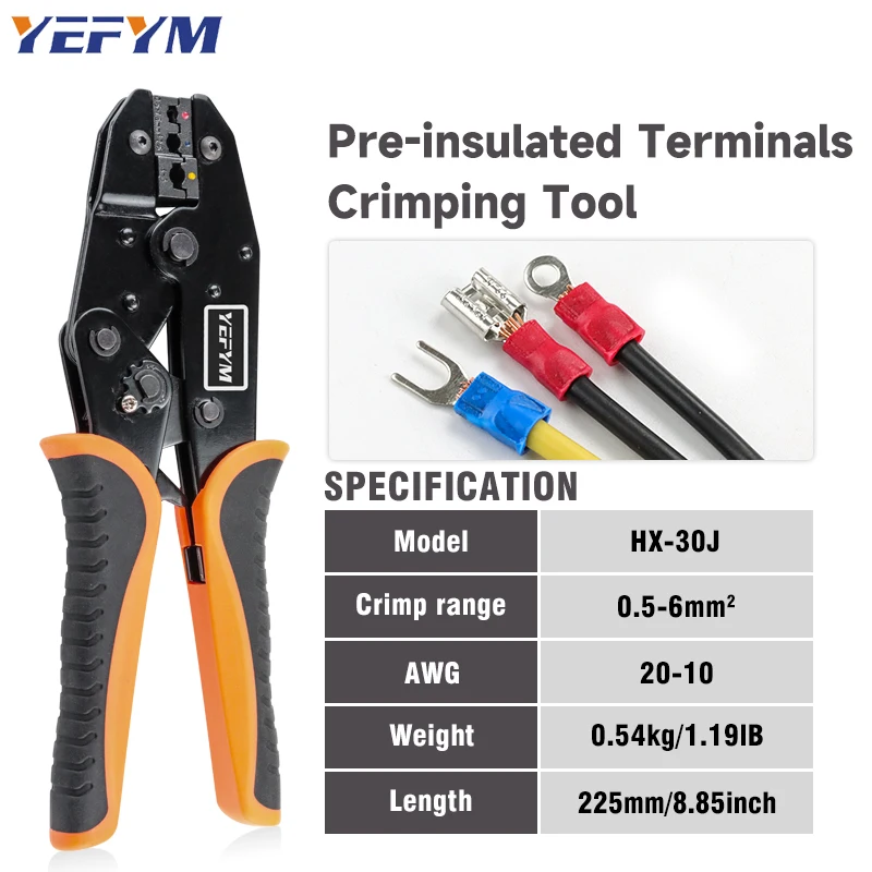 أداة العقص للمحطات المعزولة سلك AWG 20-10 (0.5-6mm2) RV/SV/FDD/MDD موصلات كماشة كهربائية بسقاطة HX-30J