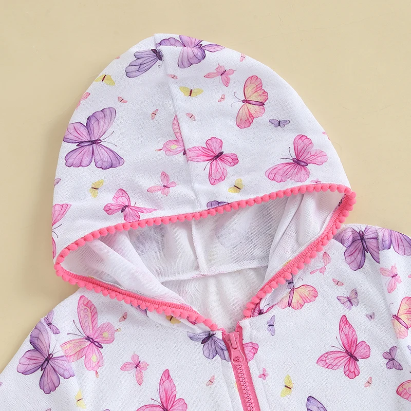 Kid Girls Swim Coverups Butterfly Print Short Sleeve Hooded Dress Zip-Up Robe Towel Beachwear