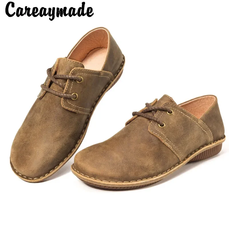 Careaymade-Wind horsehide leather buckle mori girl casual shoes wider toe do old handmade Barefoot shoes Soft Sole Casual shoes