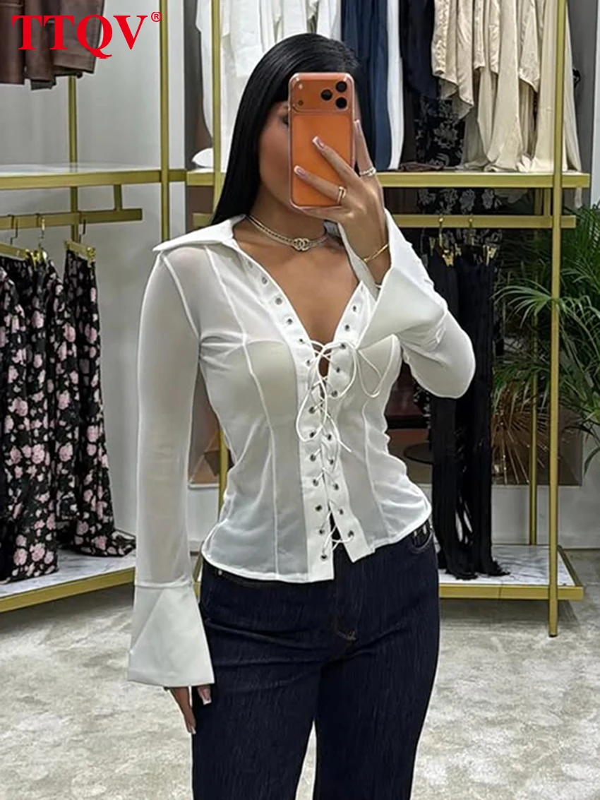 

TTQV сексуальная тонкая белая женская рубашка 2026 модные женские рубашки с лацканами и длинными рукавами элегантный классический бандажный топ женская одежда