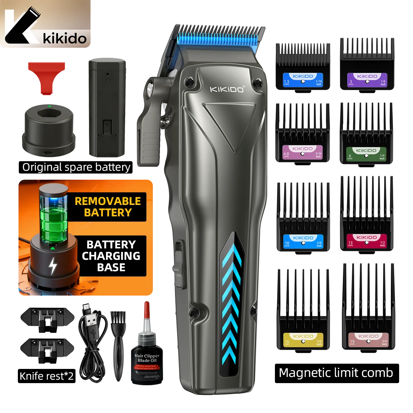 

Профессиональная машинка для стрижки волос Kikido для мужчин KK-829, электрический триммер для волос со съемным аккумулятором, магнитными насадками и зарядной базой