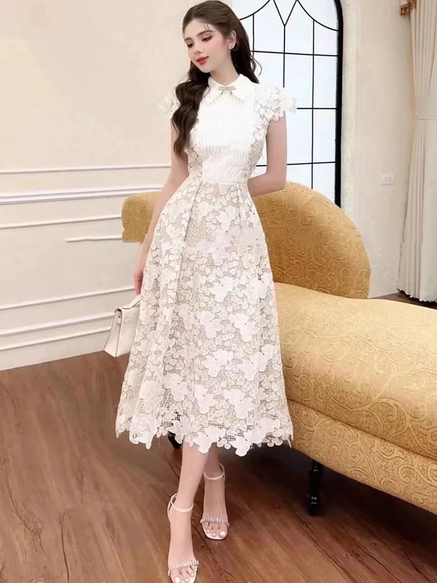 Luxury White Lace Long Dresses Women Summer Holiday Crystal Bow Embroidery  Hollow Out Evening Party Dress Bridesmaids Wedding