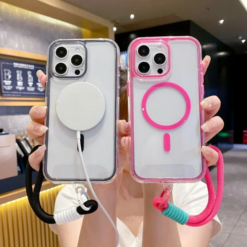 Airbag Shell Magnetic Short Hanging Rope Transparent Magsafe Case for IPhone 16 15 14 13 12 11 Pro Max Plus Shockproof HardCover