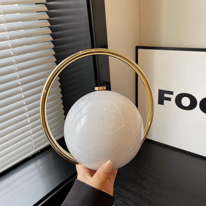 

Fashion PVC Round Ball Women's Handbag Electroplated Ball Handle Evening Bag Stone Pattern Mini Luxury Purse