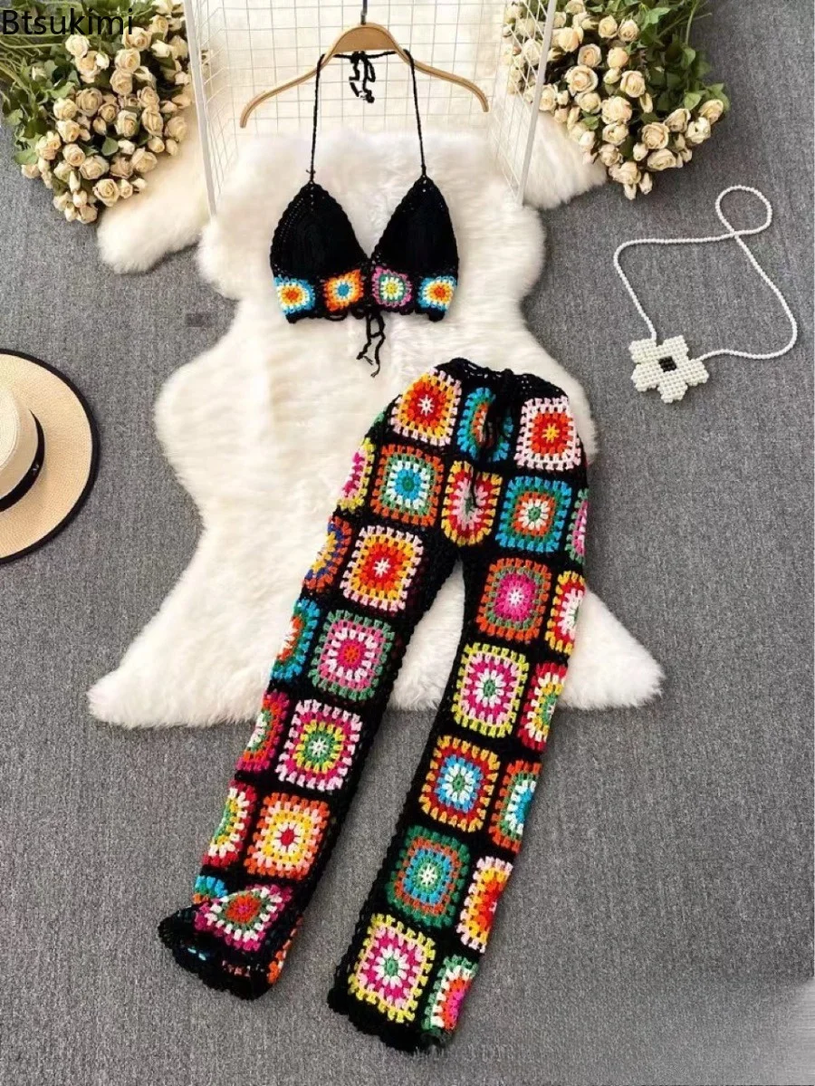 Women Knitted Beach Two Piece Crochet Sling Top Elastic Waist Pants Set Summer Fashion Minimalist Streetwear Hollow Leisure Set