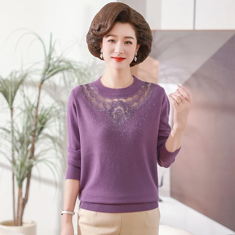 

Autumn Winter Middle Aged Women Sweater Warm Mother Pullover Long Sleeve Lace Elegant Bottoming Top Grandma Basic Knitwear