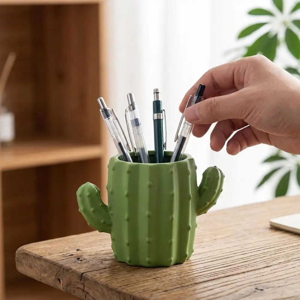3D Printed Cactus Pen Holder Ins Style Funny Desktop Storage Pot Green Plant Simulation Makeup Brush Organizer Desk Accessory