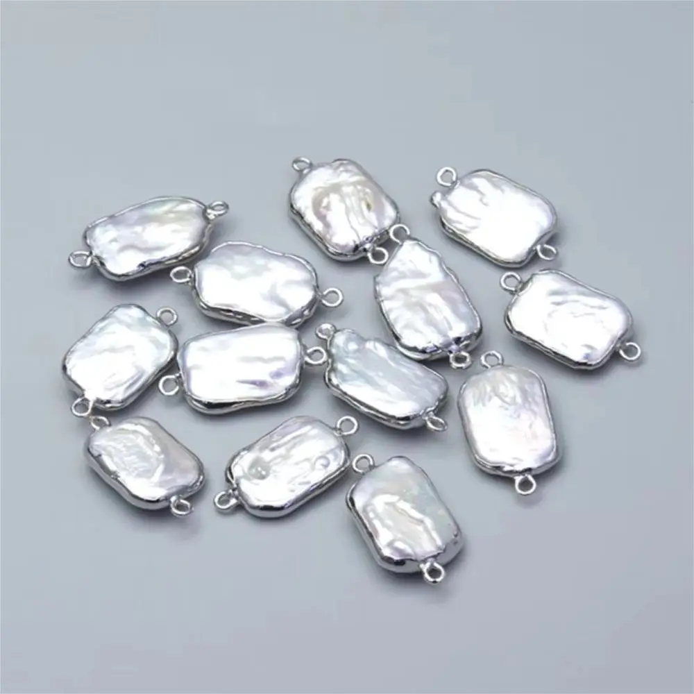 1PC Natural Freshwater Pearl Pendants Connector Silver Plated Edge Irregular Rectangle 2 Hole Charms Jewelry DIY Necklace