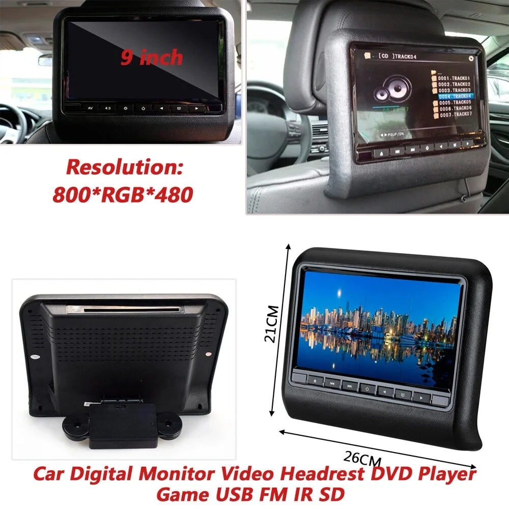 9 Inch Car Seat Back Headrest mp3/mp4 Multimedias Player LCD Display Remote Control Gaming FM Transmitter DVD Player Monitor