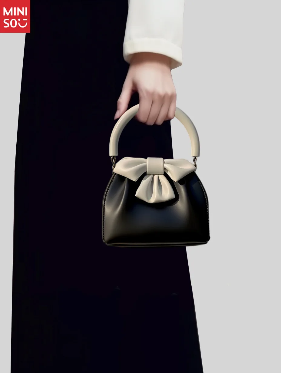 Miniso 2025 Women's Commuter Bag for Spring Summer, Pleated Bow Design Bucket Tote Handbag