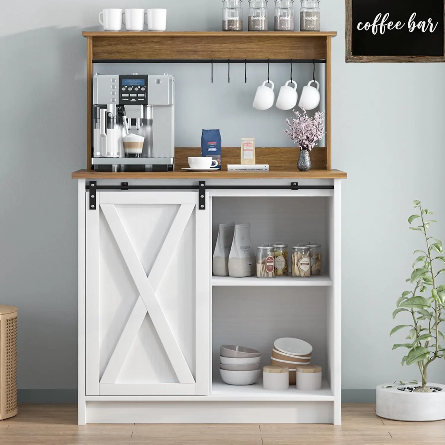 

farmhouse coffee bar cabinet with 6 hooks, white coffee bar hutch with storage, 50 inch buffet cabinet with sliding barn door, c