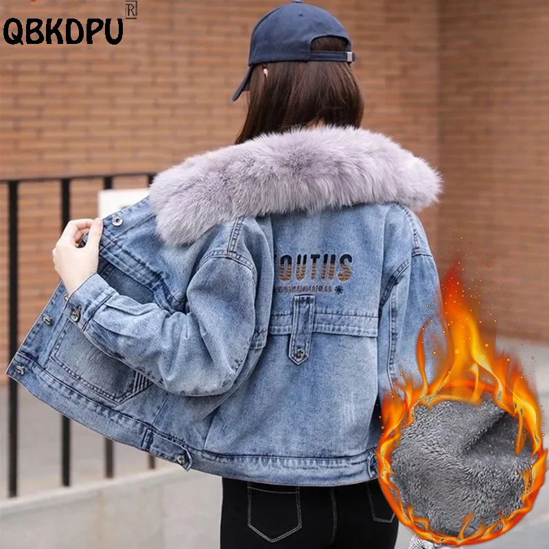 

Short Winter Fur Collar Denim Jackets Korean Fashion Lapel Plus Velvet Plush Jean Coat Windproof Thick Warm Chaqueta De Cowboy