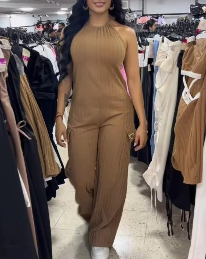 Fashion Women's Jumpsuits Summer New Female Halter Sleeveless Long Knitted Jumpsuit Women Vacation Casual Loose Fit Comfy Romper