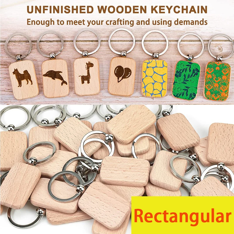 120Pcs Blanks Rectangle Wooden Keychain Unfinished Keychain Key Rings for DIY Crafts Gift Accessories